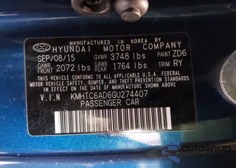 2016 Hyundai Veloster from USA, damaged, VIN KMHTC6AD6GU274407